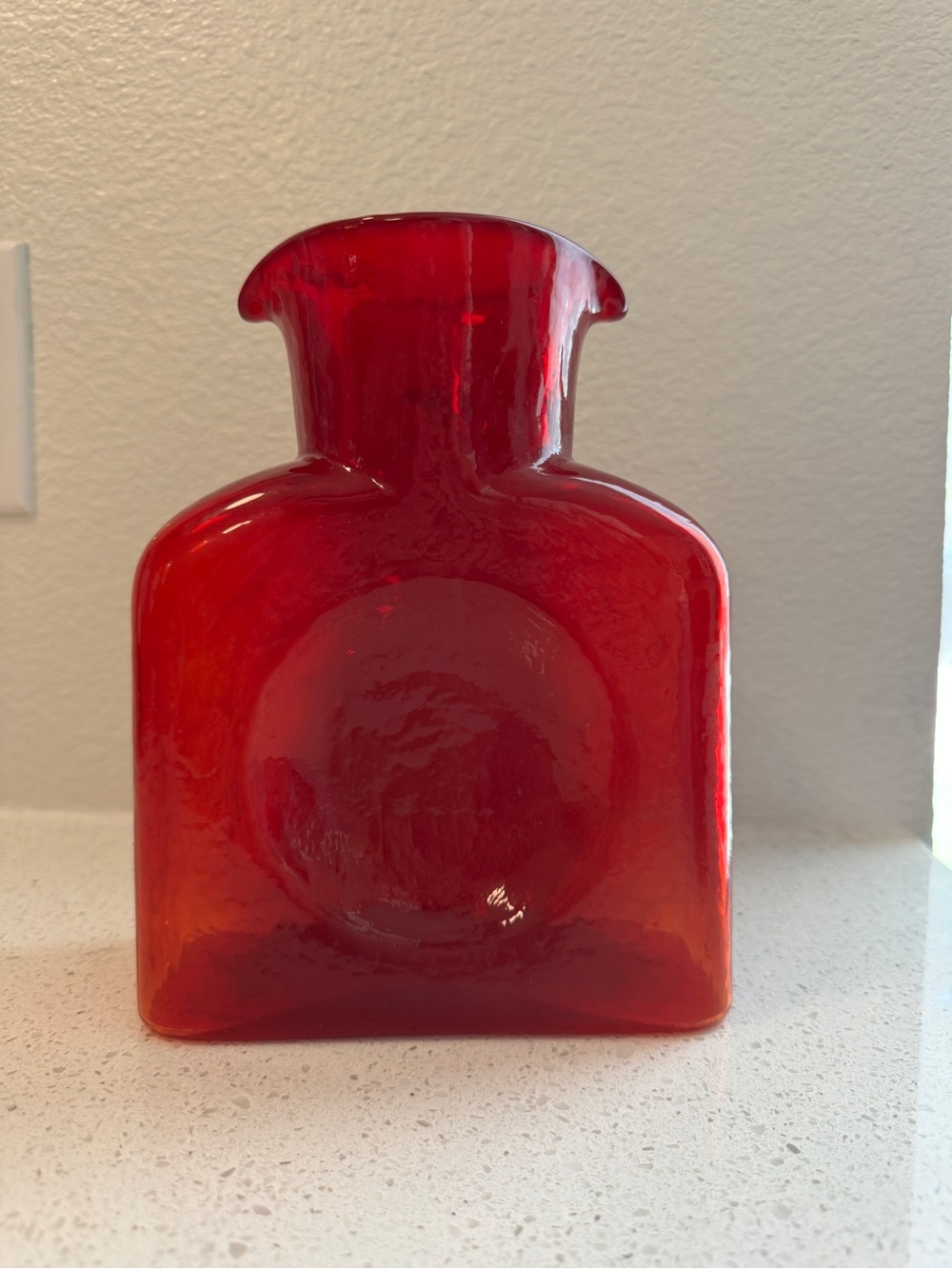 Blenko Water Bottle, Red Glass Square Vase - Midcentury Modern